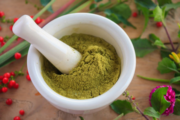 Fresh herbs powder in the mortar, alternative medicine
