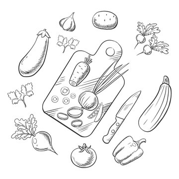 Cooking a vegetable salad, sketch icons