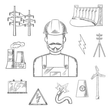 Electricity and power industry icons sketches
