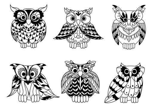 Cartoon outline owl birds set