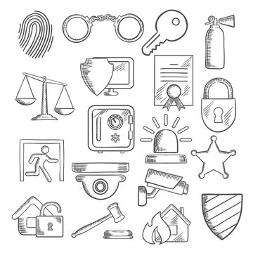 Security and protection icons in sketch style