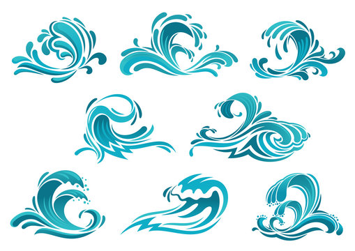 Blue sea waves and surf icons
