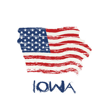 American Flag In Iowa Map. Vector Grunge Style