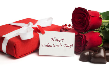 Tag Happy Valentine's Daу with red present box and white ribbon