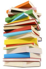 Very tall stack pile of several various lots books isolated on white background low angle view photo