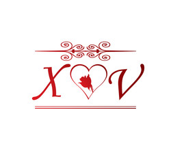 XV love initial with red heart and rose