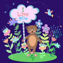 Cute bear with flower background and plate with empty space for text. Greeting card, invitation, wedding, Valentines Day
