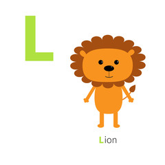 Letter L Lion Zoo alphabet. English abc with animals Education cards for kids Isolated White background Flat design
