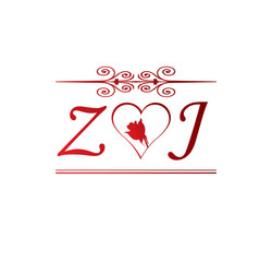 ZJ love initial with red heart and rose