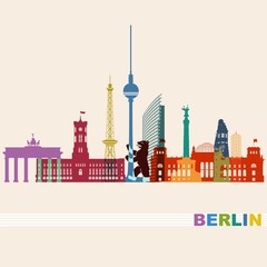 Berlin Stadtansicht buntes Panorama mit Sehenwürdigkeiten und wichtigen Bauten - obrazy, fototapety, plakaty