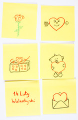 Fototapeta na wymiar Symbols of Valentines Day drawn on paper, polish inscription 14 February Valentines, symbol of love