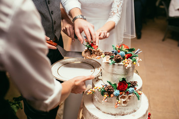 Obraz na płótnie Canvas bride and groom cut rustic wedding cake on wedding banquet with