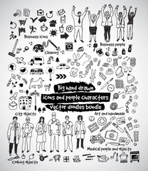 Big hand drawn icons and people doodles bundle.