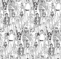 Happy family crowd people and kids black seamless pattern.