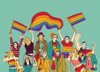 Illustration of happy people waving rainbow flags