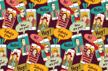 Mobile phones communication people color seamless pattern.