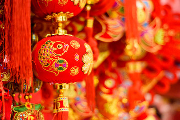 Traditional Chinese new year decorations with Chinese red fish. The fish symbolizes money and...