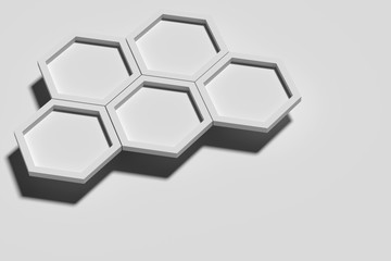 Five white three-dimensional hexagons on white background