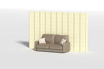 Three-dimensional sofa with pillows against of wall