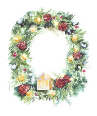 Fototapeta na wymiar fir wreath watercolor illustration