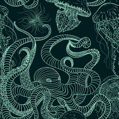 Naklejka premium Seamless pattern with octopus and jellyfish. Vintage hand drawn vector illustration marine life. Design for summer beach, decorations,print,pattern fill, web surface