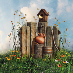 Obrazy na Szkle  drewniany płot z domkiem dla ptaków, kwiatami i motylami