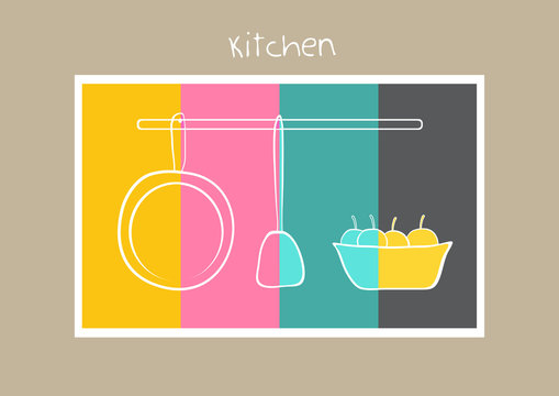 Utensiis and fruit hand drawn  on color stripe ,Vector illustrations