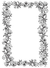 Retro floral frame. Vector ornate  border with many  flowers and leaves at engraving style.