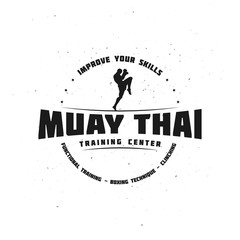 Combat Sport and Fitness Emblem with a Fighter. Muay Thai Training Center. Vector Illustration for your gym, cove, t-shirt, poster, art and business work.
