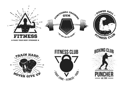 Set of vintage fitness logos, signs, labels. Vector templates for your gym, t-shirt, cover, banner, emblem and art works.