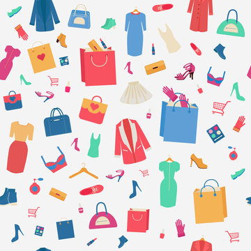 Woman Shopping Seamless Pattern with Clothing and Cosmetics