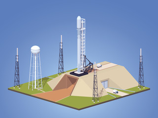 Modern space rocket on the launch pad. 3D lowpoly isometric vector concept illustration suitable for advertising and promotion