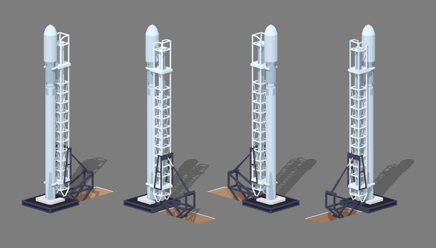 Modern space rocket on the launch pad. 3D lowpoly isometric vector illustration. The set of objects isolated against the grey background and shown from different sides