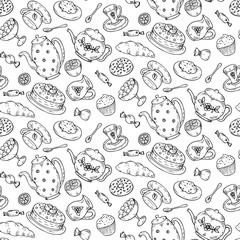 Tea time seamless pattern with hand drawn doodle elements.