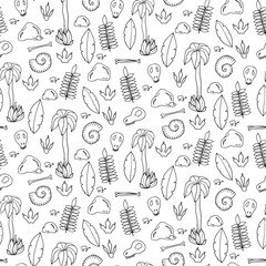 Obraz premium Seamless pattern with palms, leafs, sculls and rocks
