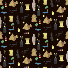 Seamless pattern with egyptean elements such as cats, sphinx, mu