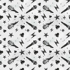 Grunge pattern. Rock music seamless pattern with a guitar and microphone.