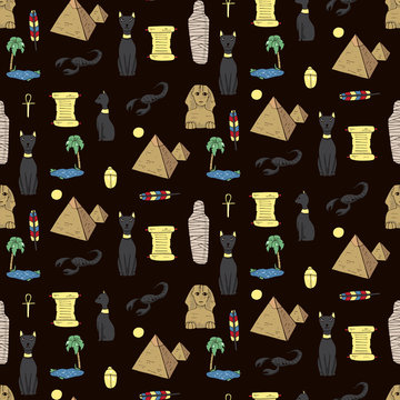 Seamless pattern with egyptean elements such as cats, sphinx, mu