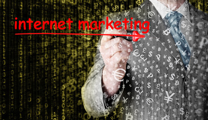 business man writing internet marketing