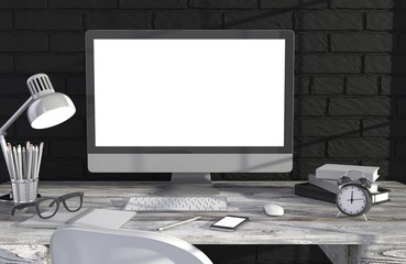 Fototapeta premium 3D illustration PC screen on table in office, Workspace