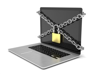 3d illustration computer security. laptop locked with chains and padlock