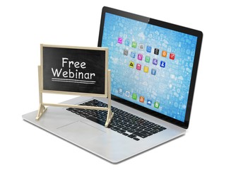 Laptop with chalkboard, free webinar, online education concept