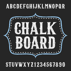 Chalkboard alphabet vector font. Hand drawn letters and numbers. Vector typeface for menu, labels, headlines, posters etc.