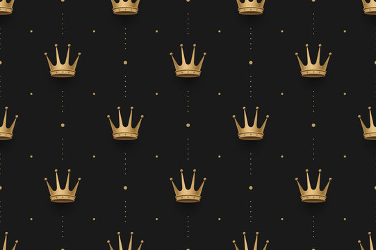 Seamless gold pattern with king crowns on a dark black background. Vector illustration.