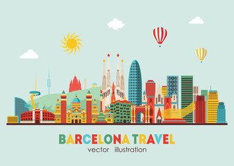 Barcelona skyline detailed silhouette. Vector illustration - obrazy, fototapety, plakaty