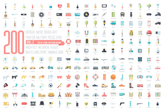 Flat big collection set icons of medical, army, war, shoe, nature, news, draw, police, rafting, room, science, boat, sport, gym, car, animal, summer, tool, country. For infographic illustration design