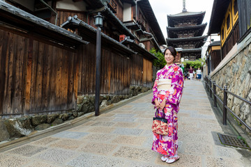 Young woman wearing kimono at yasaka pagoda