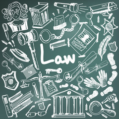Law and judgment education doodle icon justice sign and symbol in blackboard background paper used for presentation title with header text, create by vector 