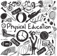 Physical education exercise gym doodle icon of sport tool sign and symbol in white isolated background paper used for presentation title with header text (vector) 