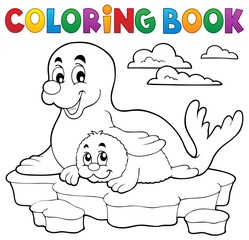 Coloring book happy seal with pup